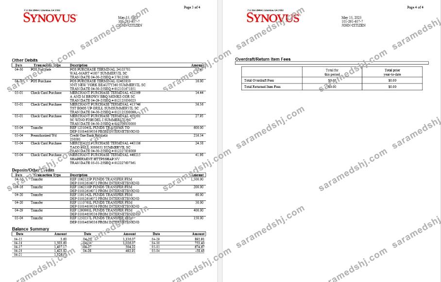 USA Synovus Bank statement Word and PDF template, 4 pages 2